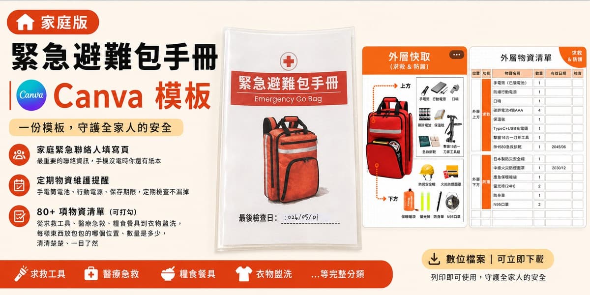 家庭版緊急避難包清單|80多項物資推薦 + 手冊分享 家庭版緊急避難包手冊Canva模板